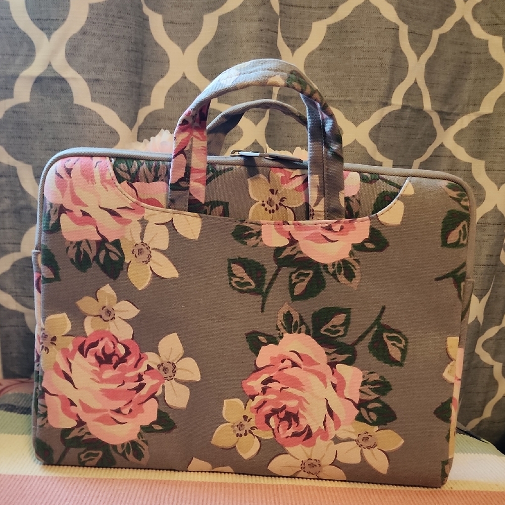 Padded Floral Gray and Pink Laptop Bag